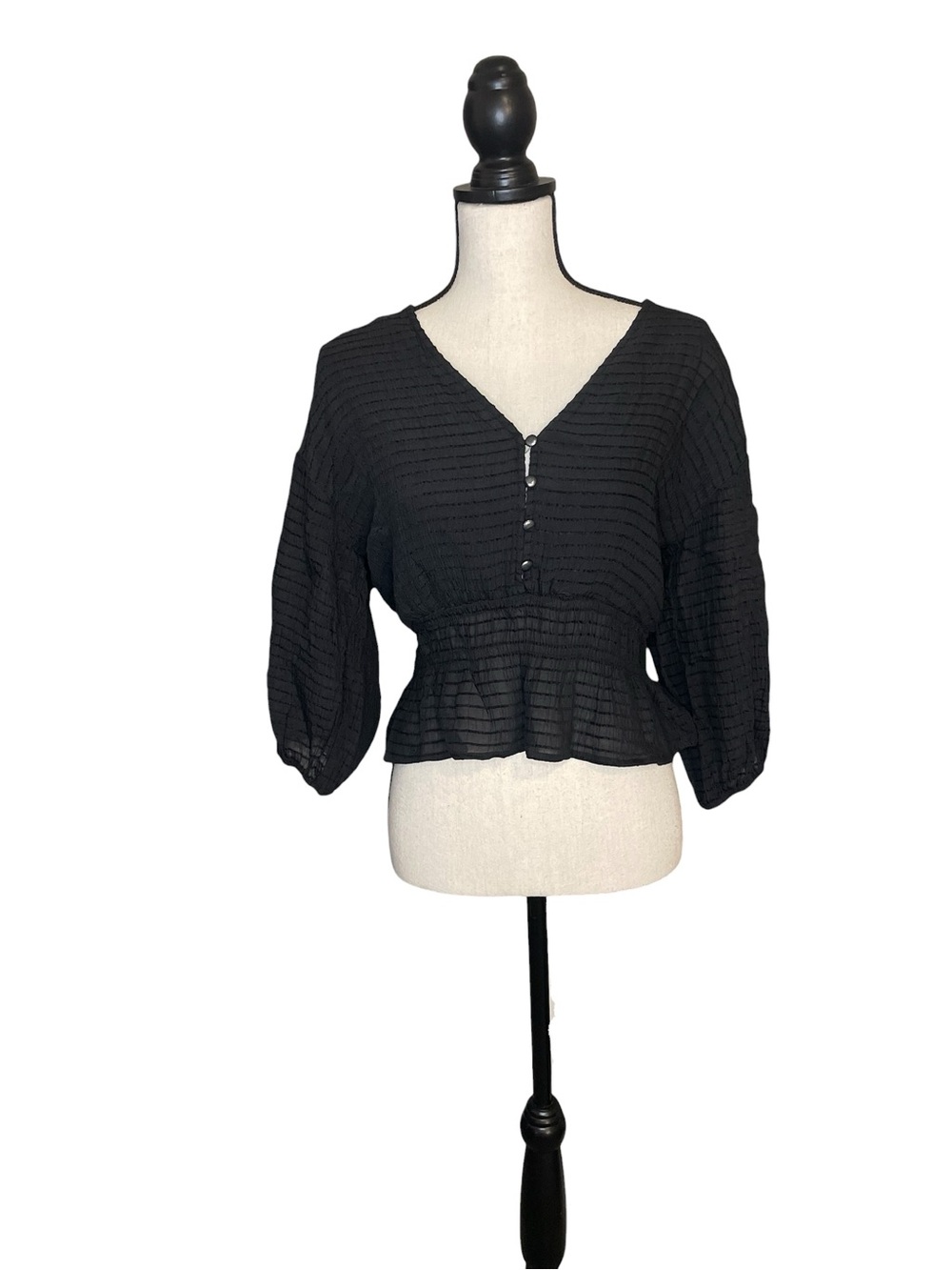 Ever B Textured Smocked Top Black Sheer Stripe Blouse Women's Size L